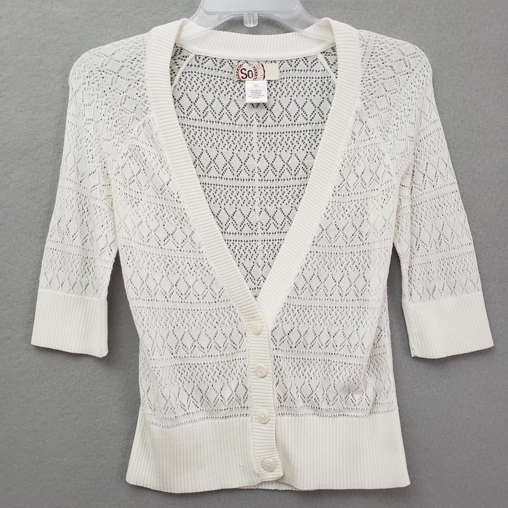 SO Womens M Cardigan White Pointelle Open Knit Short Sleeve V Neck Cottagecore
